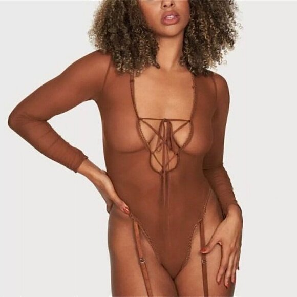 NWT Frederick's of Hollywood Mesh Bodysuit Teddy Sz.M Brown  Sheer Garter Sexy - Picture 1 of 7